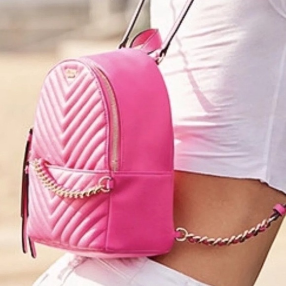 Victoria's Secret Handbags - Victoria’s Secret | Hot Pink Mini Quilted & Gold Chain Backpack